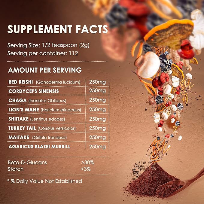 KIKI Green 8 Mushrooms Powder Extract - Supplement Blend 8 oz - Lion's Mane Reishi Chaga Cordyceps Maitake Shiitake - for Focus and Energy - Add to Coffee and Smoothies