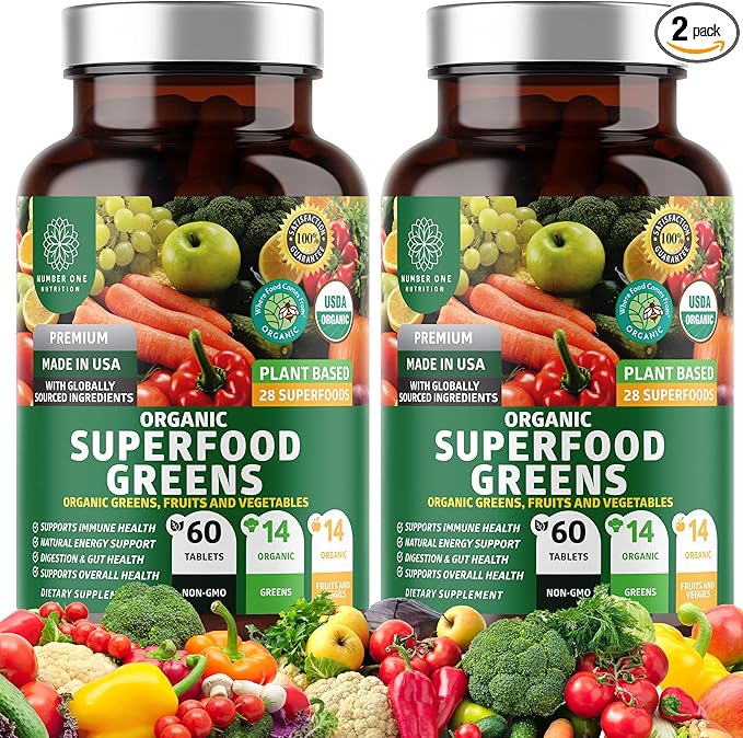 2-Pack N1N Premium Organic Green Superfood Fruits &amp Veggies [28 Powerful Ingredients] Natural Supplement with Alfalfa Beet Root &amp Tart Cherry for Energy Immunity Digestion 120 Ct