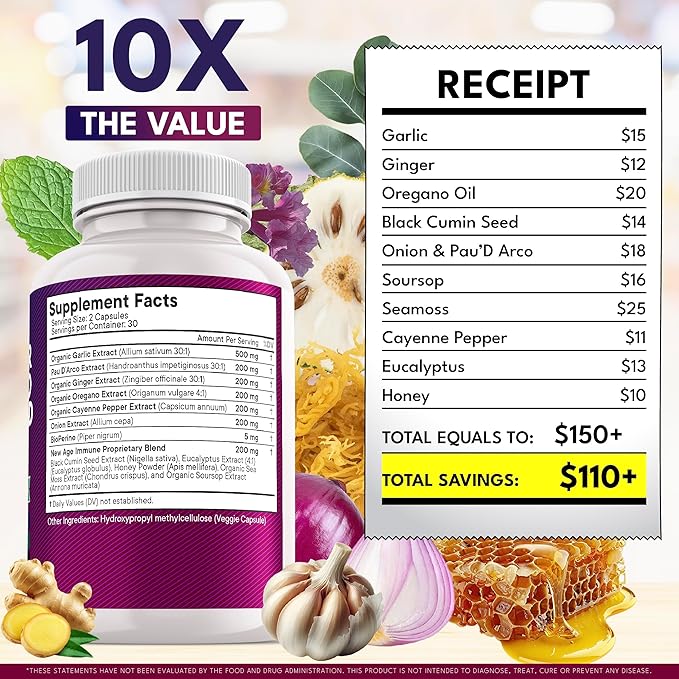 NEW AGE Garlic + Ginger Supplement - Oil of Oregano Cayenne Pepper Soursop Black Cumin Sea Moss Black Pepper - Black Seed Cleanse - 180 Count