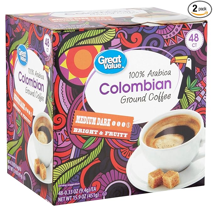Great Value Medium Roast Single Serve Coffee Cups 100% Colombian 48 Ct (Pack of 2)
