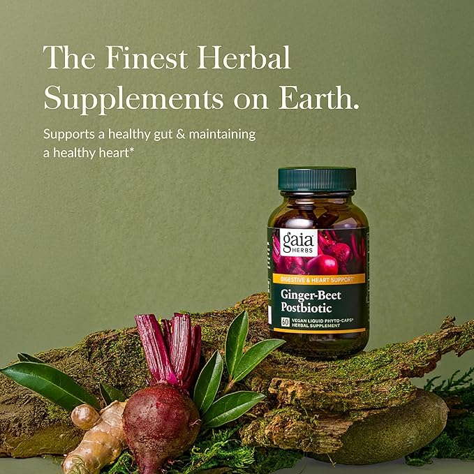 Gaia Herbs Ginger-Beet Postbiotic - Supplement for Gut &amp Heart Health Support* - Made with Fermented Beets &amp Ginger - Free from Dairy Soy &amp Gluten - 60 Vegan Liquid Phyto-Caps (30 Serving