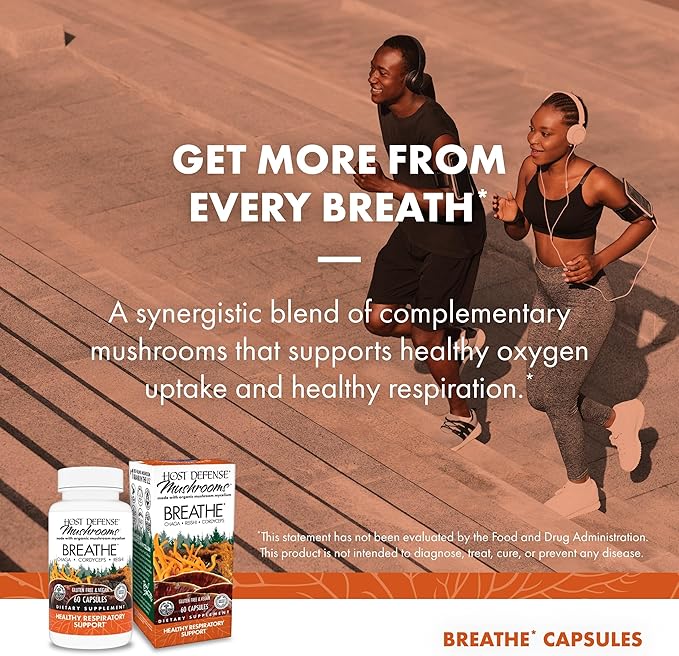 Host Defense Breathe* Capsules - Immune &amp Respiratory Support Mushroom Supplement - Herbal Lung Health Supplement with Chaga Reishi &amp Cordyceps - 60 Capsules (30 Servings)*