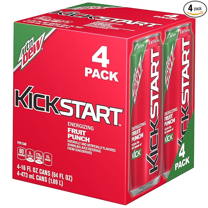 Mountain Dew Kickstart Sparkling Juice Beverage Fruit Punch 16 Ounce (Pack of 4)