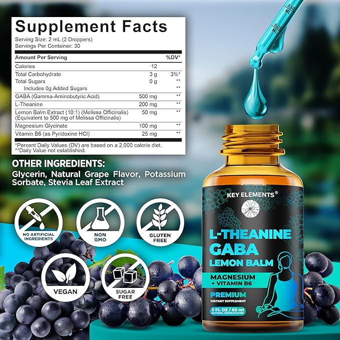 KEY ELEMENTS Liquid GABA with L Theanine Supplement | GABA 500mg and L-Theanine 200mg with Lemon Balm Extract and Magnesium with Vitamin B6