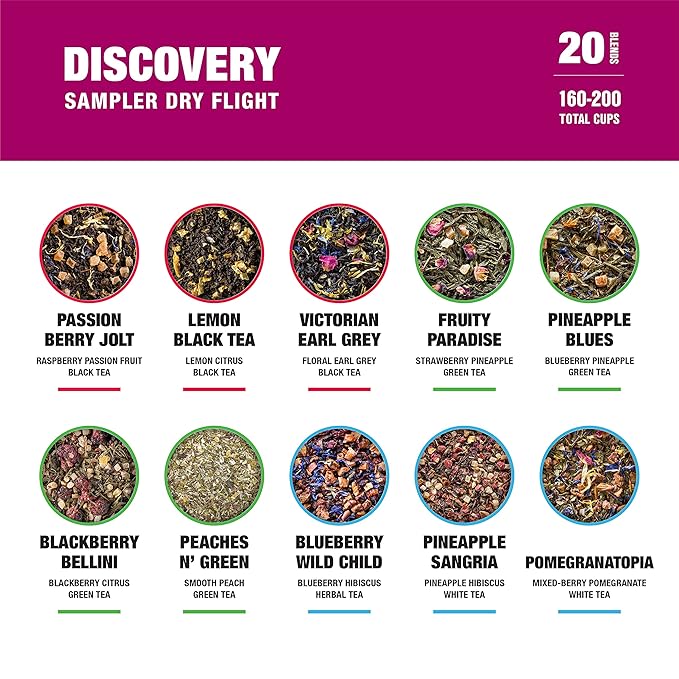Tiesta Tea - Discovery Sampler Dry Flight Set Loose Leaf High to No Caffeine Hot &amp Iced Up to 200 Cups Tea Variety Pack with Green Herbal Black &amp Chai Brew 20 Resealable Sample Pouches