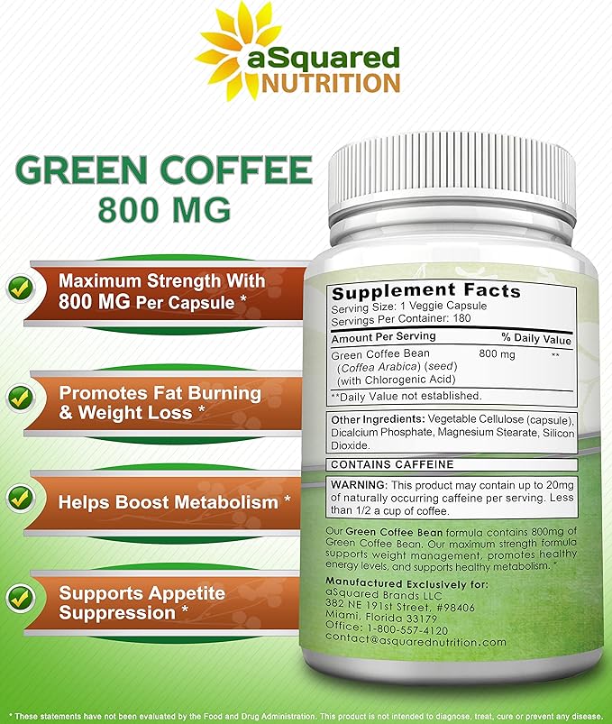 aSquared Nutrition Natural Green Coffee Bean Formula-180 Capsules-Max Strength GCA Antioxidant Cleanse for Pure Weight Loss 800mg per Pill-Chlorogenic Acid-1600mg Daily Supplement Healthy Fat Burner