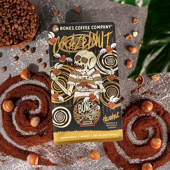 Bones Coffee Company Crazelnut and Salted Caramel Flavored Coffee Medium Roast Low Acid Arabica Beans | Auto drip and French Press Coffee Maker 12 Oz Ground