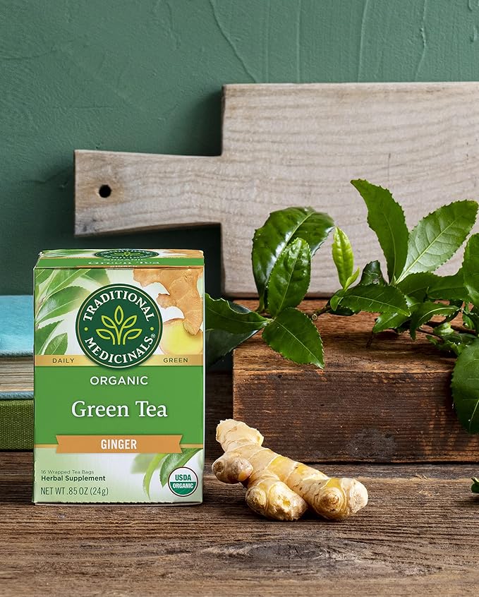 Traditional Medicinals Organic Green Tea Ginger Herbal Tea Promotes Healthy Digestion (Pack of 4) - 64 Tea Bags Total