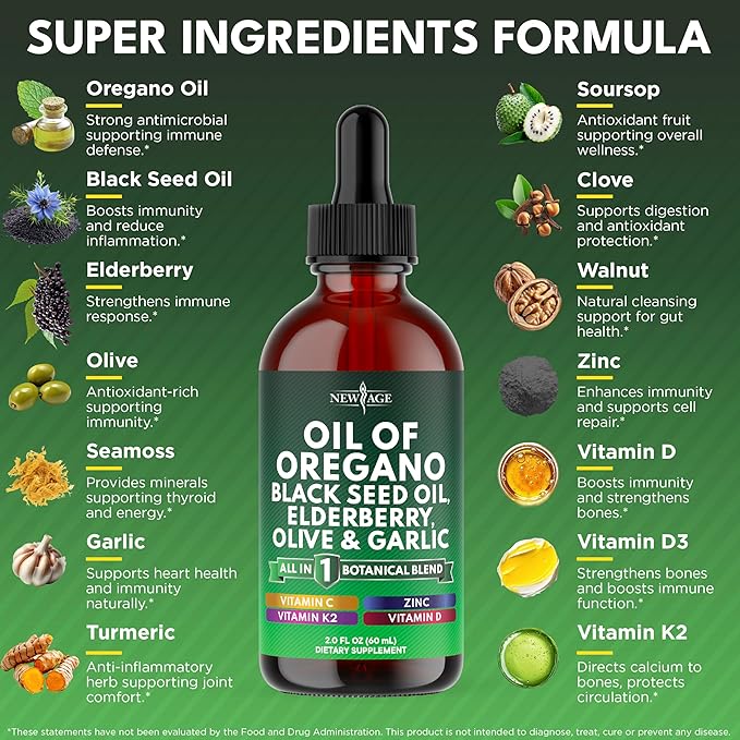 NEW AGE Oil of Oregano Drops - Black Seed Oil Elderberry Vitamin D D3 K2 Olive Garlic - Immune Support Supplement Wellness Formula Zinc Supplements Liquid - 4Fl Oz