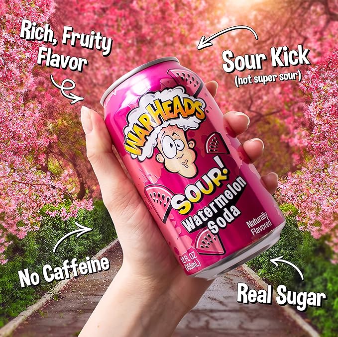 Sour Fruity Soda with Classic Warheads Flavors – Perfectly Balanced Sweet and Sour Soda - Warheads Candy Throwback Treat Soda Cocktail Mixer Pack of 12 12oz Cans (Watermelon)