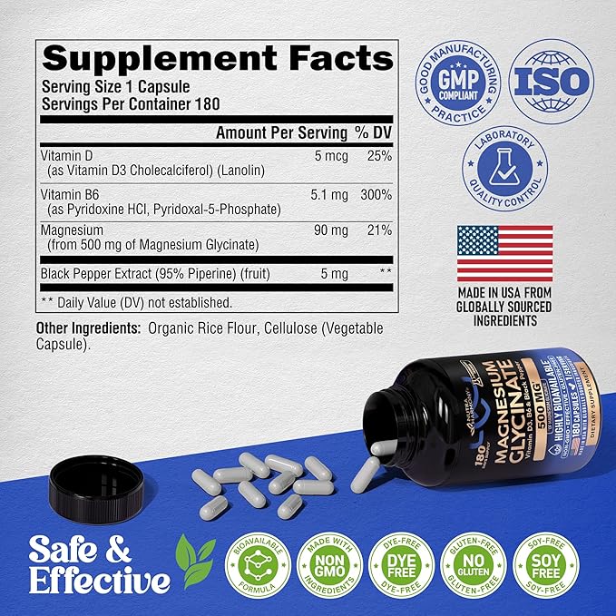 Magnesium Glycinate 500 mg - Chelated Supplement - High Absorption Form of Magnesium - Support for Sleep Muscle &amp Heart Health - Made in USA Lab Tested &amp Non-GMO - 180 Capsules