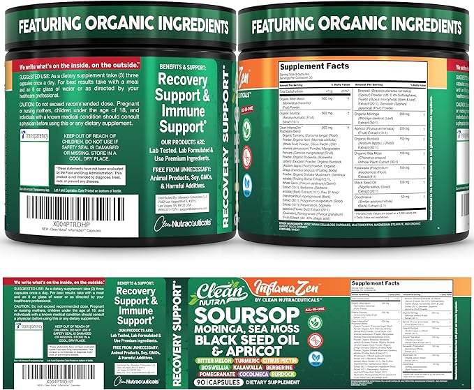 Clean Nutra Soursop Supplement Moringa Sea Moss Black Seed Oil Berberine Turmeric Resveratrol Quercetin Greens Bitters Boswellia Bitter Melon Burdock Root Antioxidant Support 90 Capsules