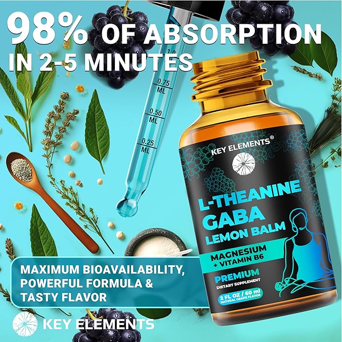 KEY ELEMENTS Liquid GABA with L Theanine Supplement | GABA 500mg and L-Theanine 200mg with Lemon Balm Extract and Magnesium with Vitamin B6