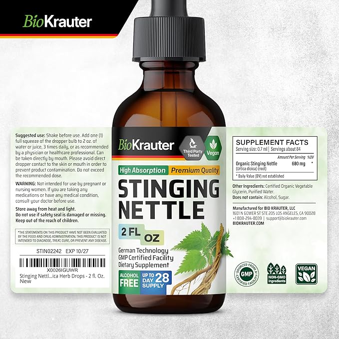 BIO KRAUTER® Stinging Nettle for Seasonal Support - Stinging Nettle Root Tincture (Urtica Dioica) 680 mg for Urinary Tract Support &amp Daily Wellness - 2 Fl.Oz. 28 Days of Supply Sugar &amp Alcoh