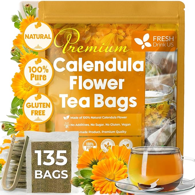 FreshDrinkUS Premium 135 Calendula Tea Bags 100% Natural and Pure Calendula Flowers Eco-conscious Tea Bags. Herbal Tea. No Sugar No Caffeine No Gluten Vegan.