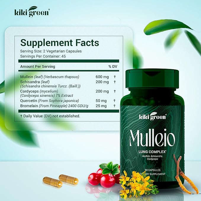 KIKI Green Mulleio Lung Health Capsules: Vegan Herbal Supplement for Cleanse Better Function Respiratory Support - Mullein Cordyceps Schisandra - 90 Count for Daily Use