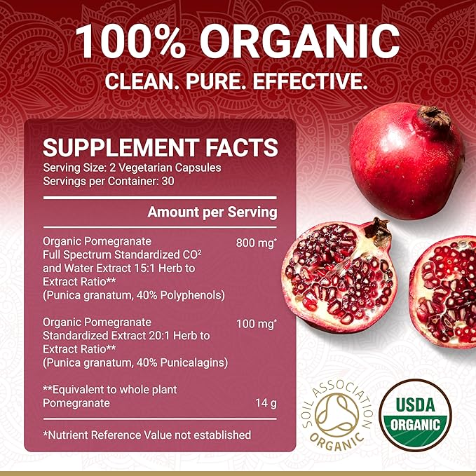 Organic Pomegranate Extract Supplement | USDA Certified Pomegranate Powder from Fruit | Natural Ellagic Acid &amp Punicalagins | 60 Vegan Capsules