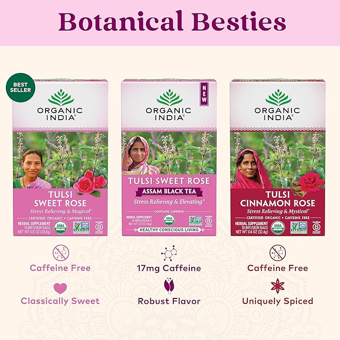 Organic India Tulsi Sweet Rose Assam Black Tea - Stress Relieving &amp Elevating 17mg of Caffeine Per Cup With Ayurvedic Herbs Vegan USDA Organic Non-GMO - 18 Rose Tea Bags (Pack of 3)