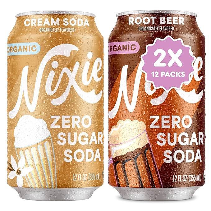 Nixie Organic Zero Sugar Soda Cream Soda &amp Root Beer 0 Sugar 0 Calories Healthy Soda Pop Non-GMO 12oz Cans (24 Pack)