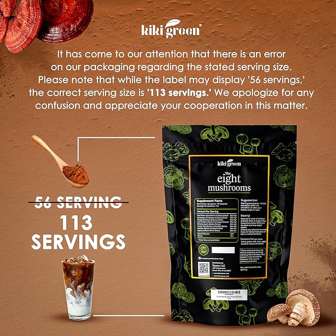 KIKI Green 8 Mushrooms Powder Extract - Supplement Blend 8 oz - Lion's Mane Reishi Chaga Cordyceps Maitake Shiitake - for Focus and Energy - Add to Coffee and Smoothies