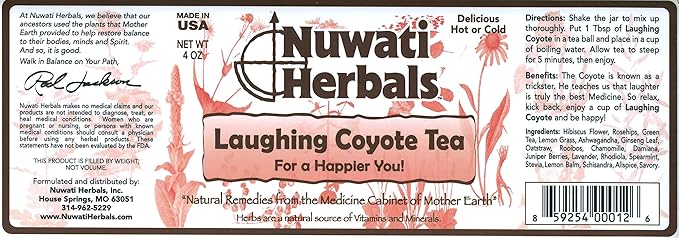 Nuwati Herbals Laughing Coyote Tea for a Happier You Delicious Blend of Hibiscus RoseHips Green Tea Leaves and more for Relaxation Loose Tea 4 ounces