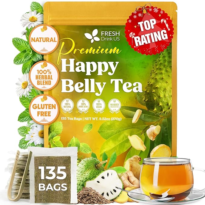 FreshDrinkUS Premium Happy Belly Tea | 135 Tea Bags | Herbal Tea Blend with Soursop Leaves Ginger Fennel Seed Lemon Balm Cinnamon Papaya Leaves &amp Rose Hip – Naturally Caffeine Free. Sugar Fr