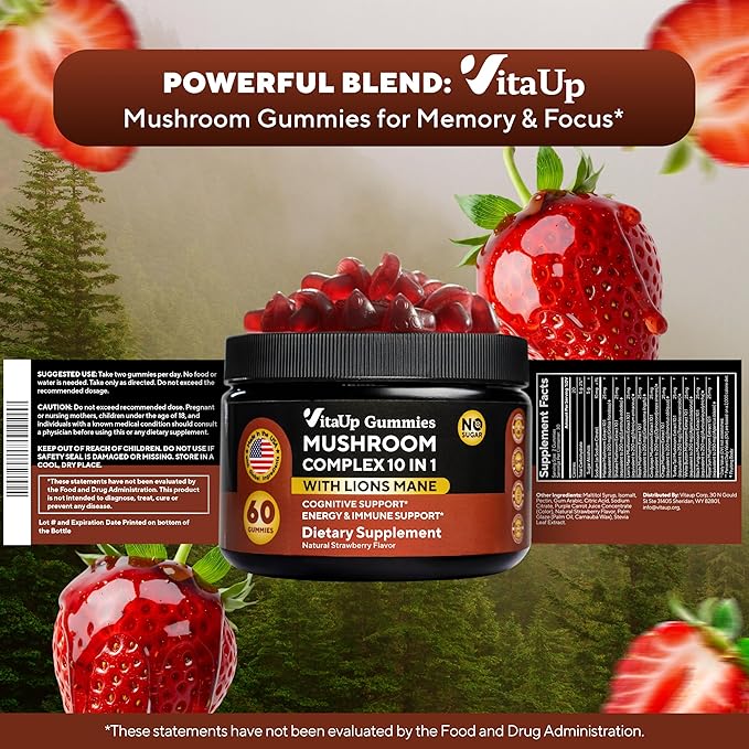 Mushroom Gummies for Adults - USA Made 10 in 1 Mushroom Supplement - Mushroom Complex with Lions Mane Cordyceps Turkey Tail Reishi Shiitake for Cognitive &amp Immune Support - 60 Count