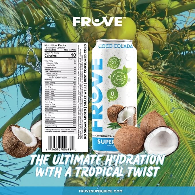 FrUve Super Water | Coco Colada Flavor | 12 16oz Cans | Healthy Drink | Zero Sugar | Low Calorie Drink | Powerful Antioxidants | Boosts Immune System | NON-GMO | The Super Health Drink