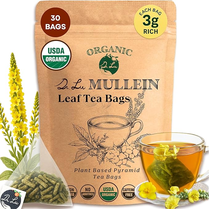 Dr. Lu’s Organic Mullein Leaf Tea | High-Altitude Grown in the Rocky Mountains | Pure Botanical Respiratory Support | 30 x 3g Premium Fill Corn Fiber Pyramid Bags (No Plastic No Nylon)