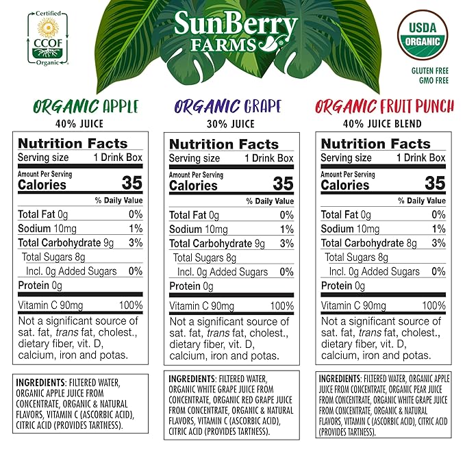 Sunberry Farms Organic Variety Pack Juice Boxes 6.75 fl oz (36 Pack) | Apple Fruit Punch &amp Grape | USDA Organic Kids Drinks | No Artificial Flavors or Colors | Lunch Box Ready | Shelf-Stable