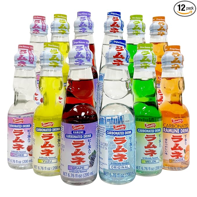 Ramune Japanese Soda Soft Drinks - Sparkling Beverage for Parties Original Yuzu Grape Orange Melon Lychee Flavored Soda Drinks Refreshing Japanese Marble Soda (12 Pack 2 of each flavor)