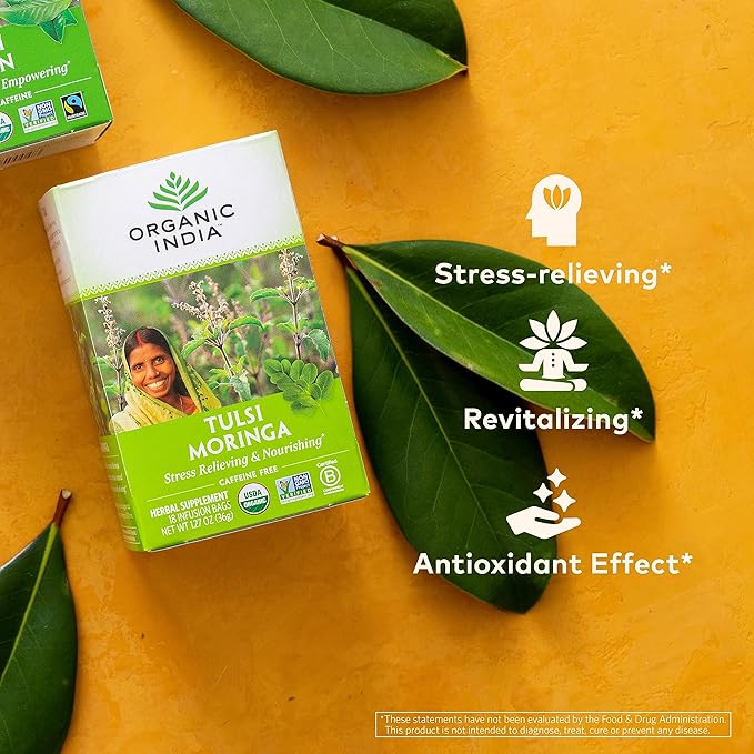 Organic India Tulsi Moringa Tea Bags - Holy Basil Lemongrass Moringa Leaves Stress Relieving &amp Nourishing Immune Support Tea Vegan Certified Organic Caffeine-Free - 18 Infusion Bags 1 Pack
