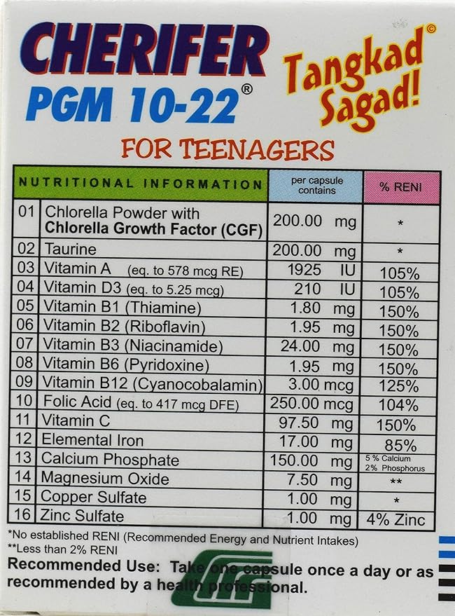 Growth Enhancer - Cherifer PGM 10-22 High Chlorella Growth Factor (CGF) Taurine and Lysine 30 Caps