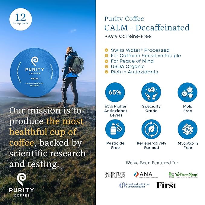 Purity Coffee CALM Decaf Medium Roast K Pod Capsules (12ct Box) | Specialty-Grade USDA Organic Mountain Water Process Decaffeinated Blend | Third Party Tested for Mold Mycotoxins &amp Pesticides
