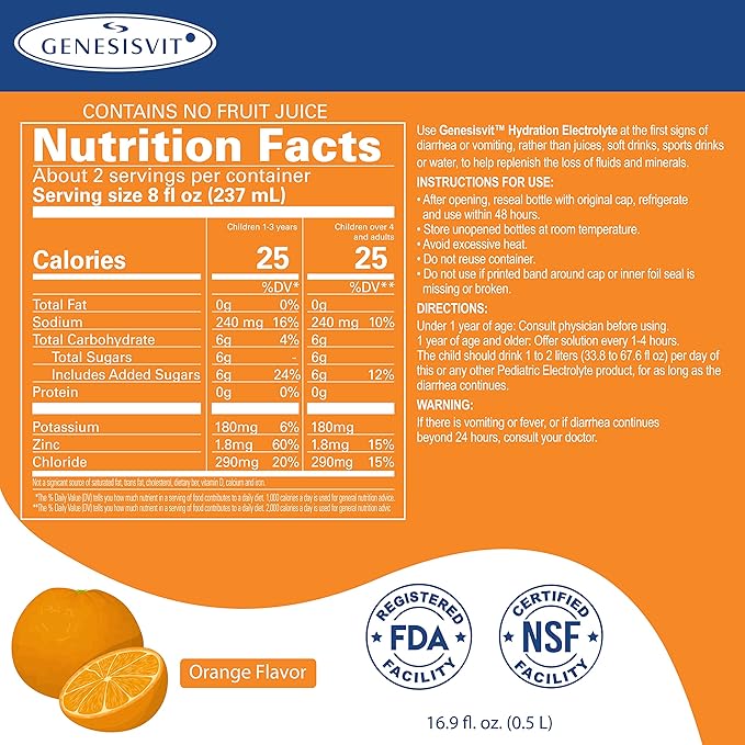 ALFA VITAMINS GenesisVit Electrolyte Solution Hydration Drink 12 Bottles 16.9 fl oz Each - 12 Pack (Orange)