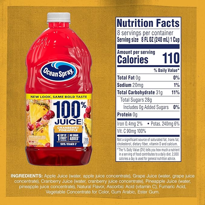 Ocean Spray® 100% Juice Cranberry Pineapple Juice Blend 64 Fl Oz Bottle (Pack of 8)