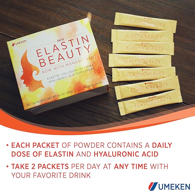 Umeken Elastin Beauty Powder Supplement with Collagen Peptides Hyaluronic Acid Vitamin C and Mangosteen Fruit Women’s Health and Wellness 1 Month Supply 60 Packets