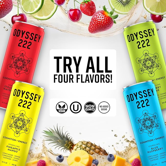 Odyssey 222 Energy Drink Pre Workout 222mg Caffeine Clean Energy Drinks L Theanine Lions Mane Cordyceps &amp Green Tea for Energy Focus &amp Mood Boost Low Calorie Cherry Lime 12 Fl oz 12