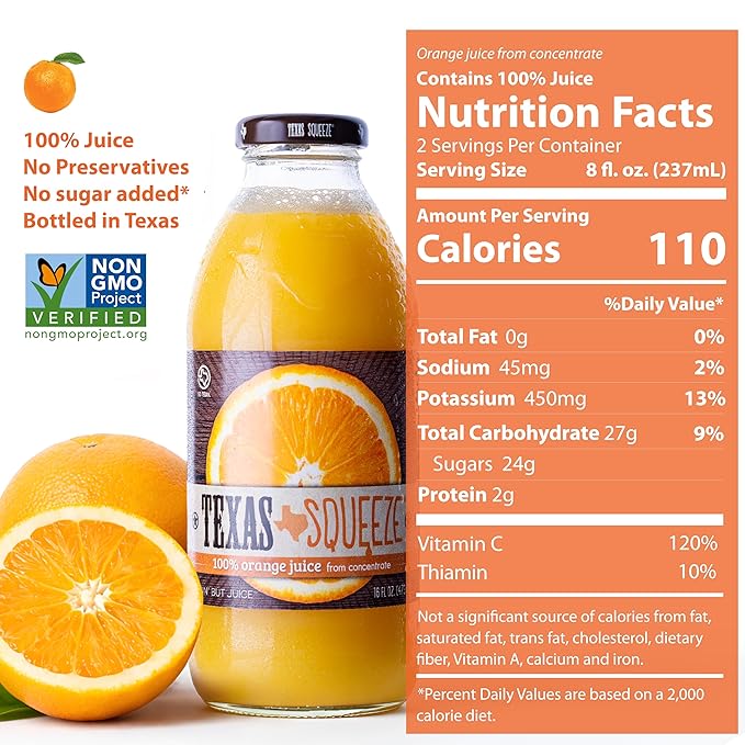 Texas Squeeze Orange Juice NON GMO Verified Texas Grown and Bottled Orange Juice from Concentrate No Sugar Added No Preservatives 16 fl oz Pack of 12