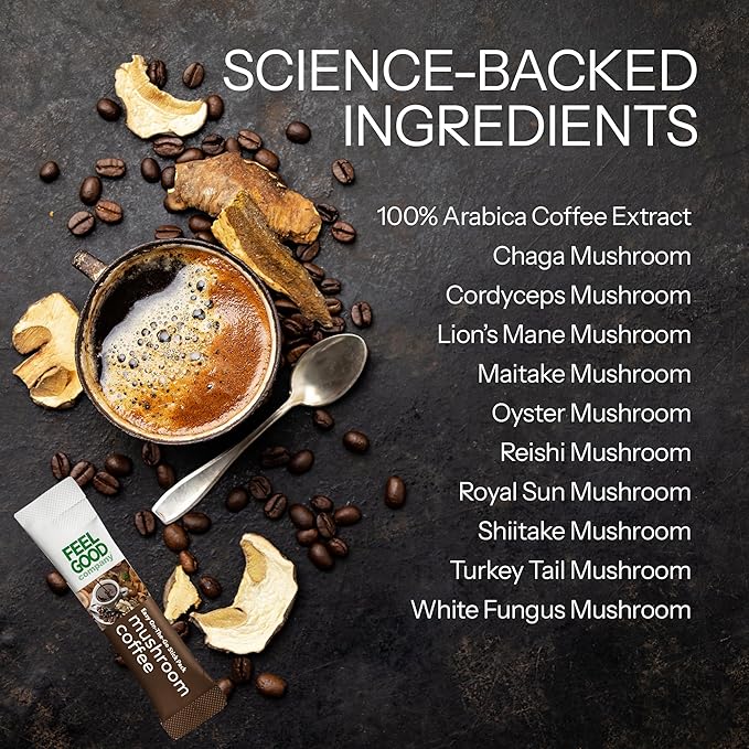 Feelgood Company Mushroom Coffee with 10 Organic Mushrooms and Arabica Coffee 30 Stick Packs Zero Added Sugar Supports Immune Health and Brain Function