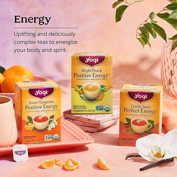 Yogi Tea Bright Peach Positive Energy Tea - 16 Tea Bags per Pack (6 Packs) - Organic Tea to Support Focus &amp Energy - Includes Oolong Tea Leaf White Hibiscus Flower Rose Hips &amp More