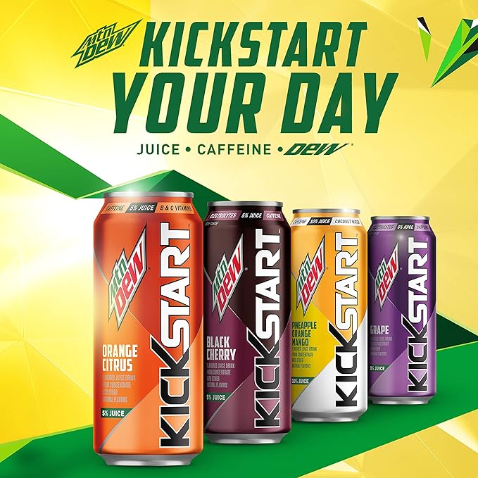 Mountain Dew Kickstart Black Cherry 92mg Caffeine Vitamins B &amp C 80 Calories 5% Juice 16 fl oz(Pack of 24)