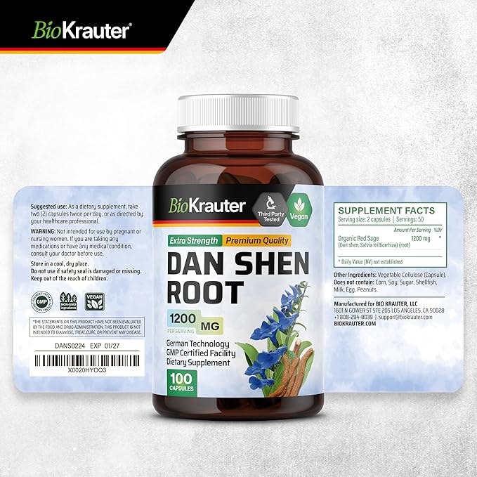 BIO KRAUTER® Dan Shen Red Sage for Circulatory Support - Pure Vegan Dan Shen Supplement (Salvia Miltiorrhiza) 1200 mg per Serving - Antioxidant Herbal Supplement 100 Сapsules 25-Day Supply Non-GMO