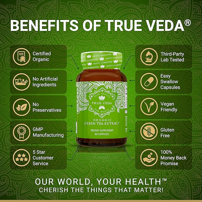 True Veda USDA Organic Green Tea Extract Capsules with EGCG | Premium Plant-Based Green Tea Pills | EGCG Supplements | Low Caffeine | 60 Vegan Capsules