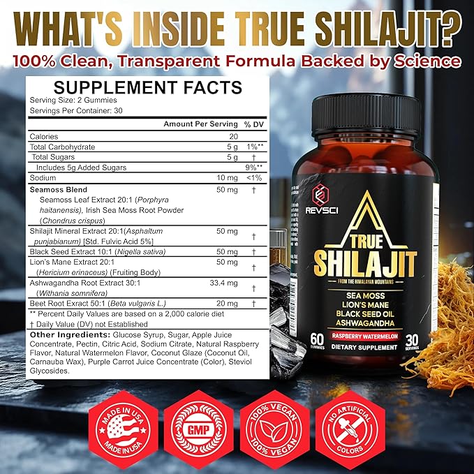Himalayan Natural Shilajit Gummies for Men – Made in USA True Gold Pure Himalayan Shilajit for Men Gummies Energy &amp Focus Support with Ashwagandha &amp Sea Moss Vegan 60 Count