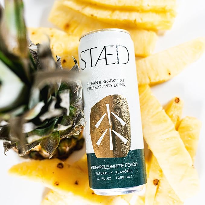 Drink Staed Pineapple White Peach Productivity Drink Sparkling Functional Beverage 12-Pack – With Cognizin® Citicoline &amp L-Theanine Organic Clean Caffeine Healthy Energy Drink