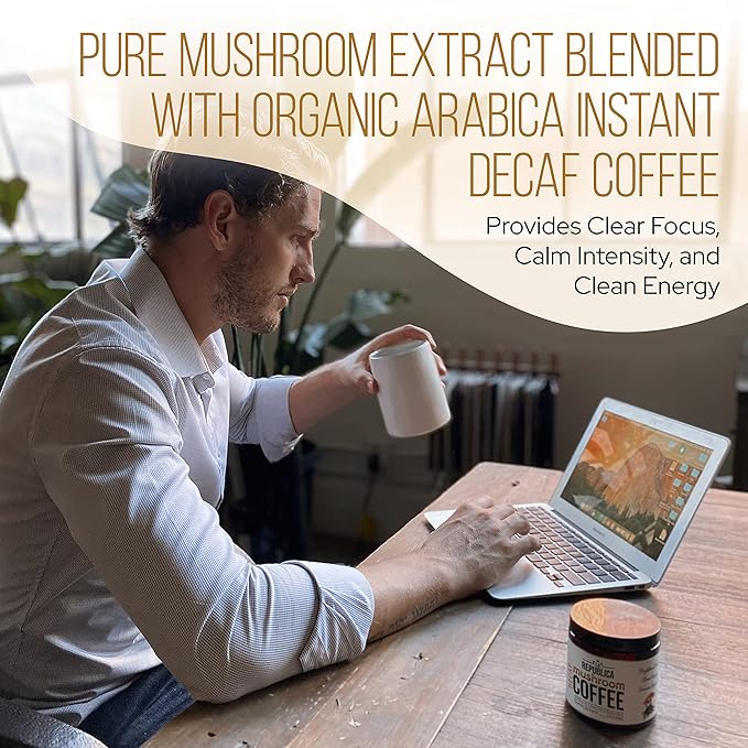 La Republica DECAF Organic Mushroom Coffee (35 Servings) with 7 Superfood Shrooms Great Tasting Instant Mix Includes Lion's Mane Reishi Chaga Cordyceps Shiitake Maitake and Turkey Tail (Decaffe