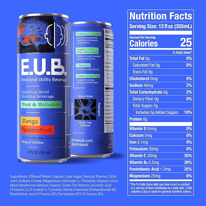 E.U.B. Mango Passionfruit Sparkling Functional Beverage 12oz Can 50mg Caffeine 25 Calories with Nootropics &amp Adaptogens for Mood &amp Energy Support