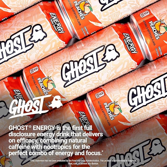 GHOST Energy Drink - 12-Pack Peaches 16oz - Energy &amp Focus &amp No Artificial Colors - 200mg of Natural Caffeine L-Carnitine &amp Taurine - Gluten-Free &amp Vegan