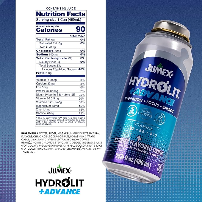 Jumex Hydrolit +Advance Hydration Energy Drinks - 90 Calorie Blueberry Sports Drinks - Non Carbonated Electrolyte &amp Vitamin Water with Ions Choline B3 B6 B12 &amp Natural Caffeine - 15.5oz 1